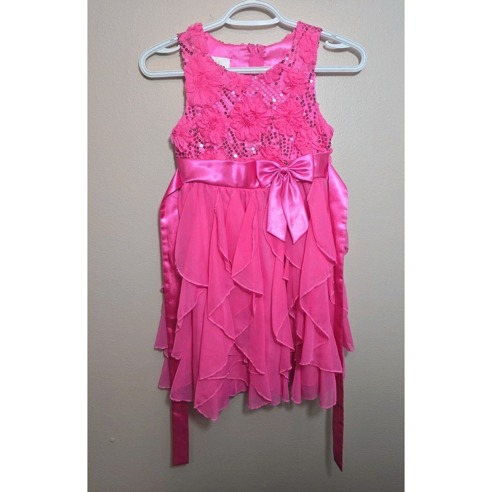 American Princess Dress Girls Pink Tiered Frilly Sequined Satin Bow Size 8